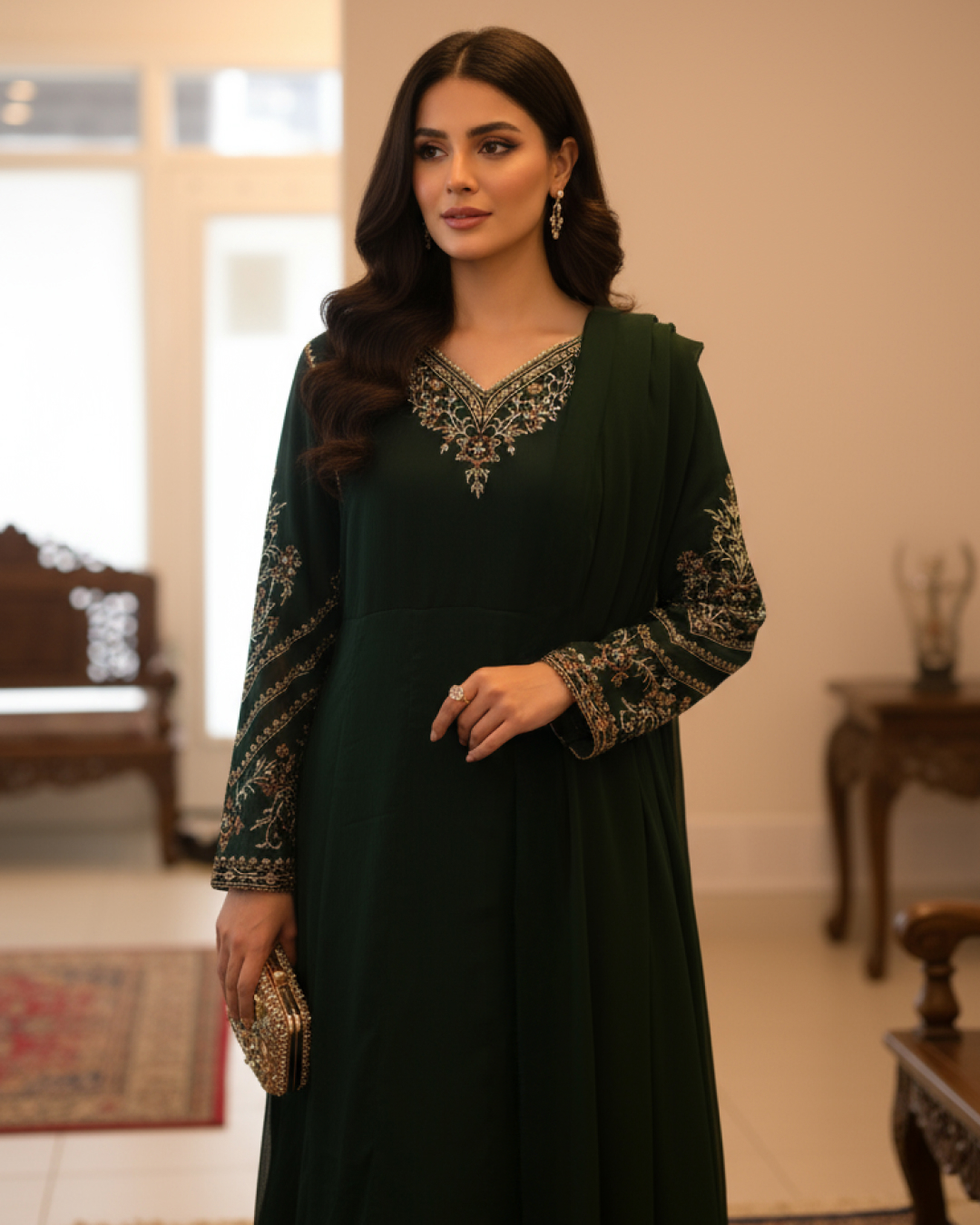 Elegant 3-Piece Embroidered Chiffon Frock Set – Emerald Green