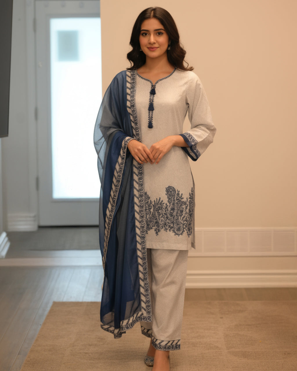 light grey and blue embroidered lawn 3-piece suit with cotton-silk dupatta – elegant summer Pakistani outfit by N&S Thread