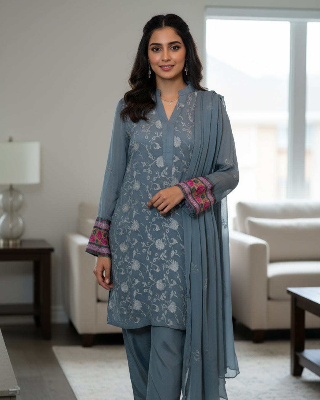 Grey embroidered chiffon 3-piece suit with pink embroidered cuffs, matching trousers, and chiffon dupatta – elegant Pakistani semi-formal outfit by N&S Threads