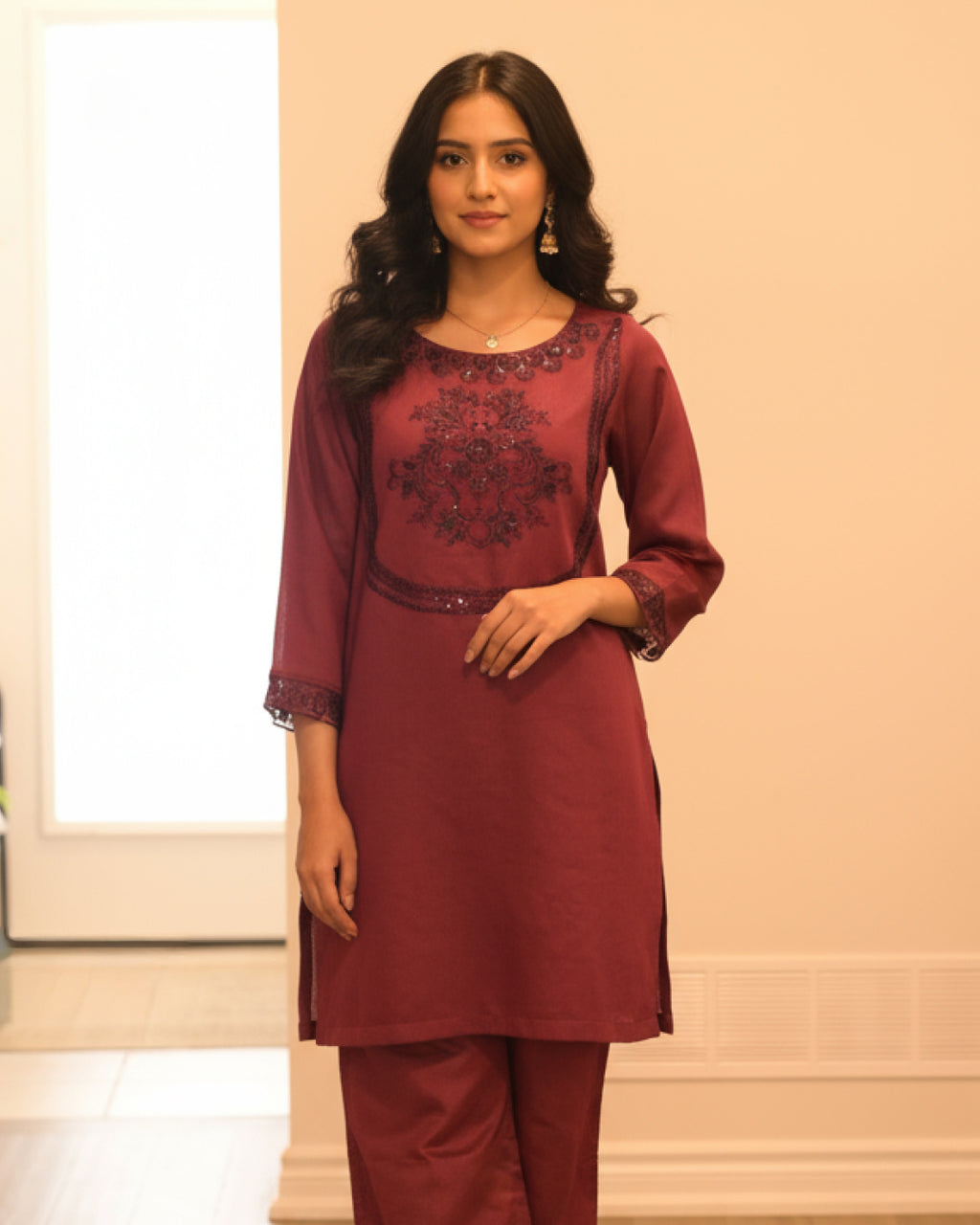 Deep maroon embroidered 2-piece suit with soft blended fabric and minimal embroidery on neckline and sleeves – elegant Pakistani outfit by N&S Threads