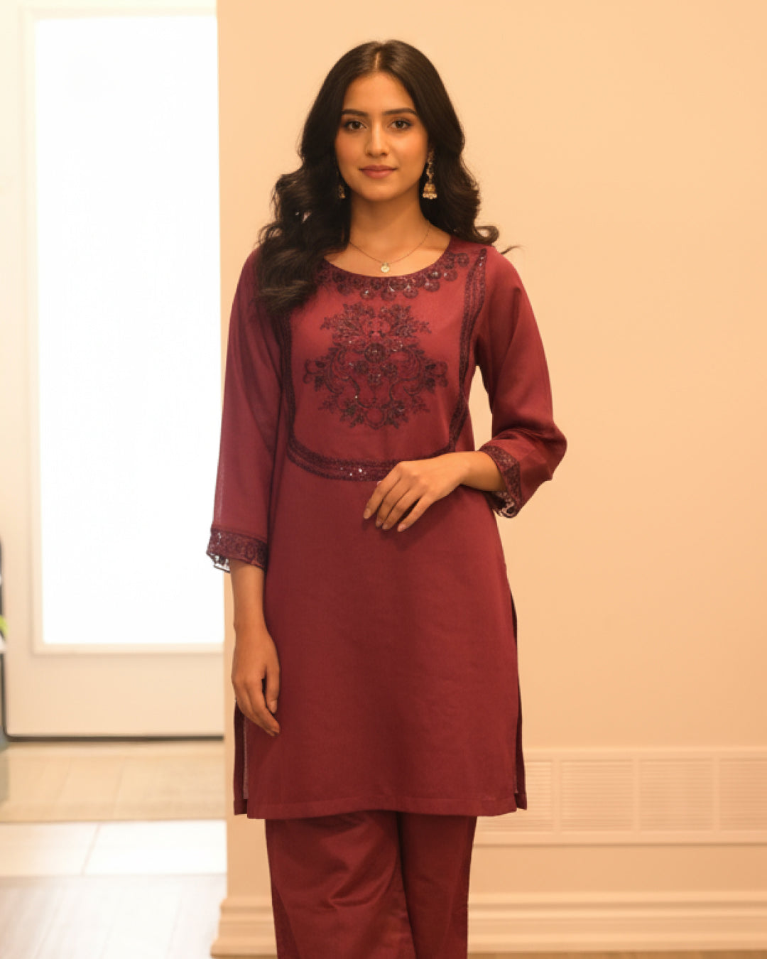 Deep maroon embroidered 2-piece suit with soft blended fabric and minimal embroidery on neckline and sleeves – elegant Pakistani outfit by N&S Threads