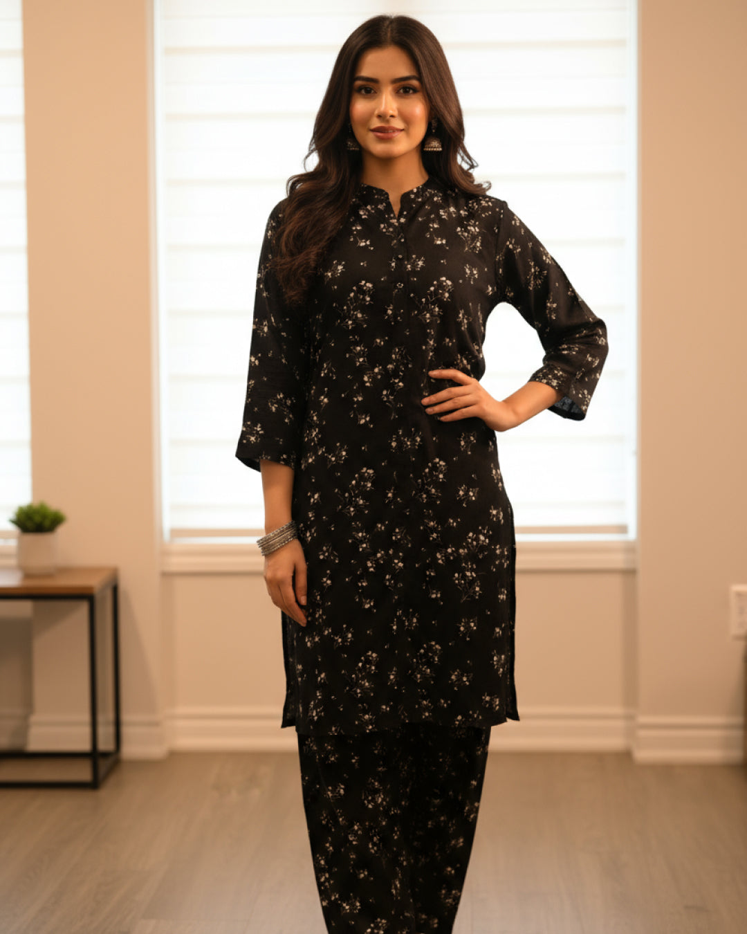 Black printed khaddar 2-piece co-ord set with white floral pattern – warm winter Pakistani outfit by N&S Threads