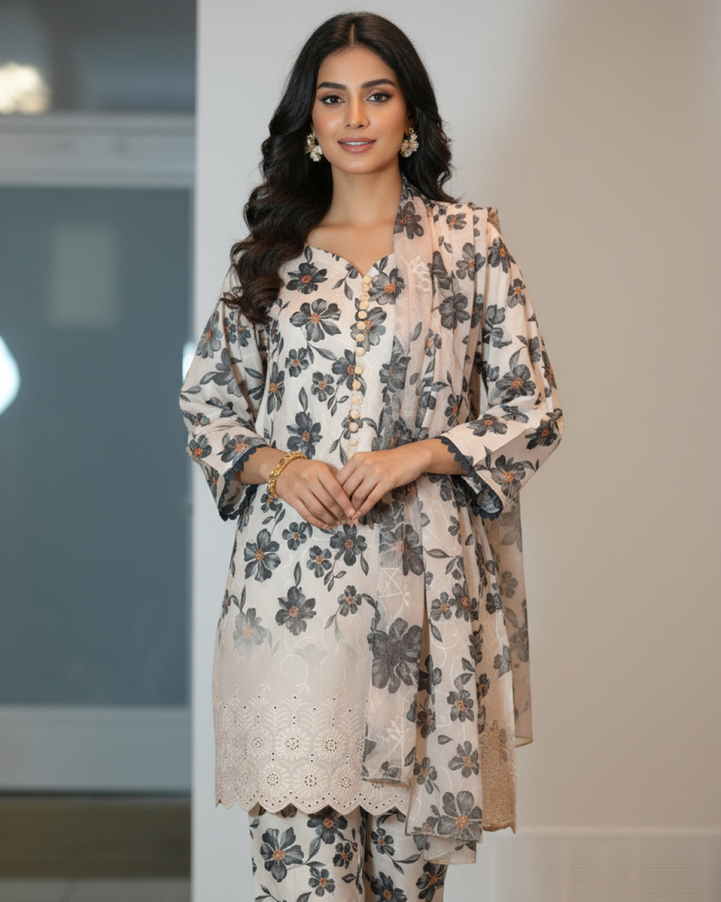 Chikan Kari Swiss Lawn 3-Piece Printed Dress – Soft Ivory Floral Edition