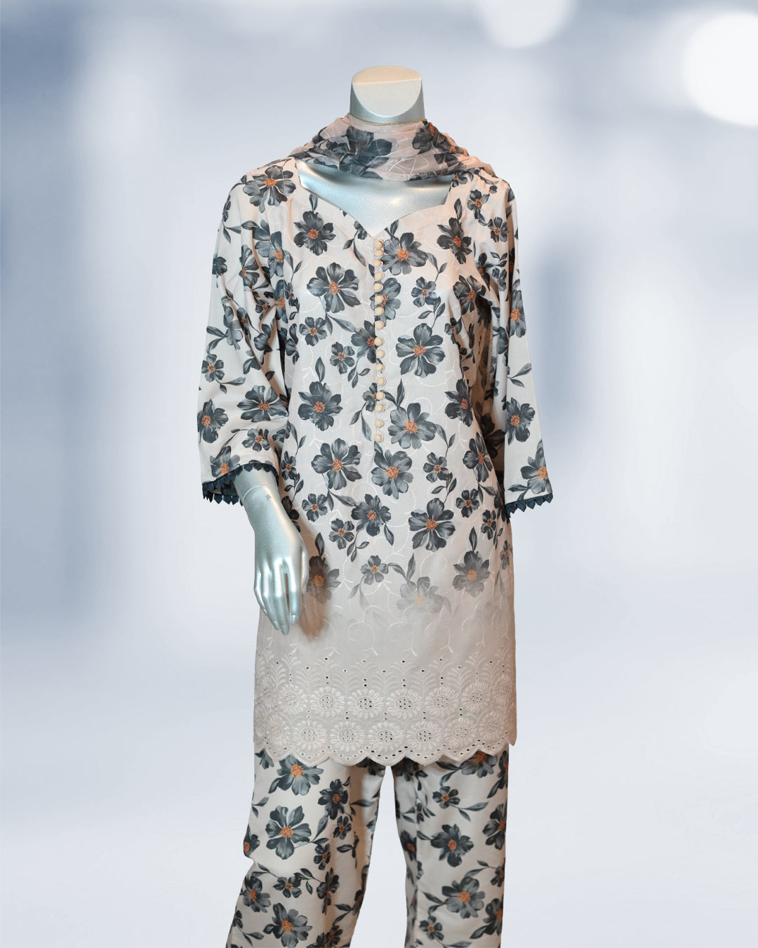 Chikan Kari Swiss Lawn 3-Piece Printed Dress – Soft Ivory Floral Edition