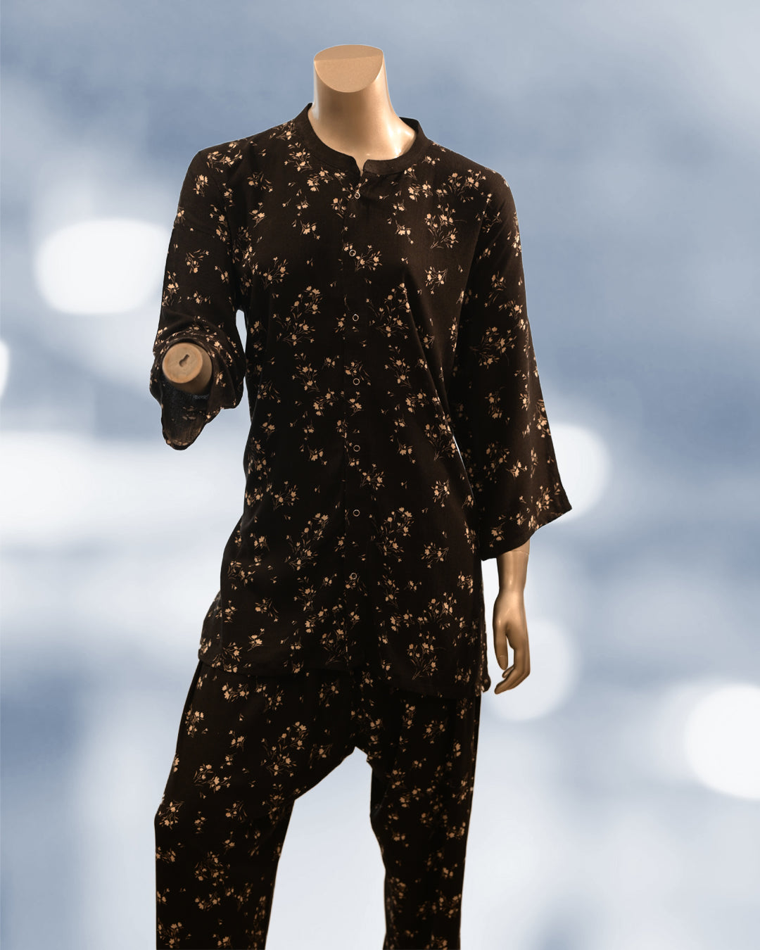 Black printed khaddar 2-piece co-ord set with white floral pattern – warm winter Pakistani outfit by N&S Threads