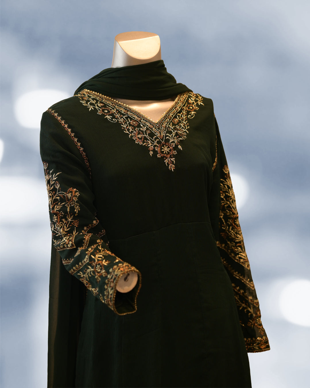 Elegant 3-Piece Embroidered Chiffon Frock Set – Emerald Green