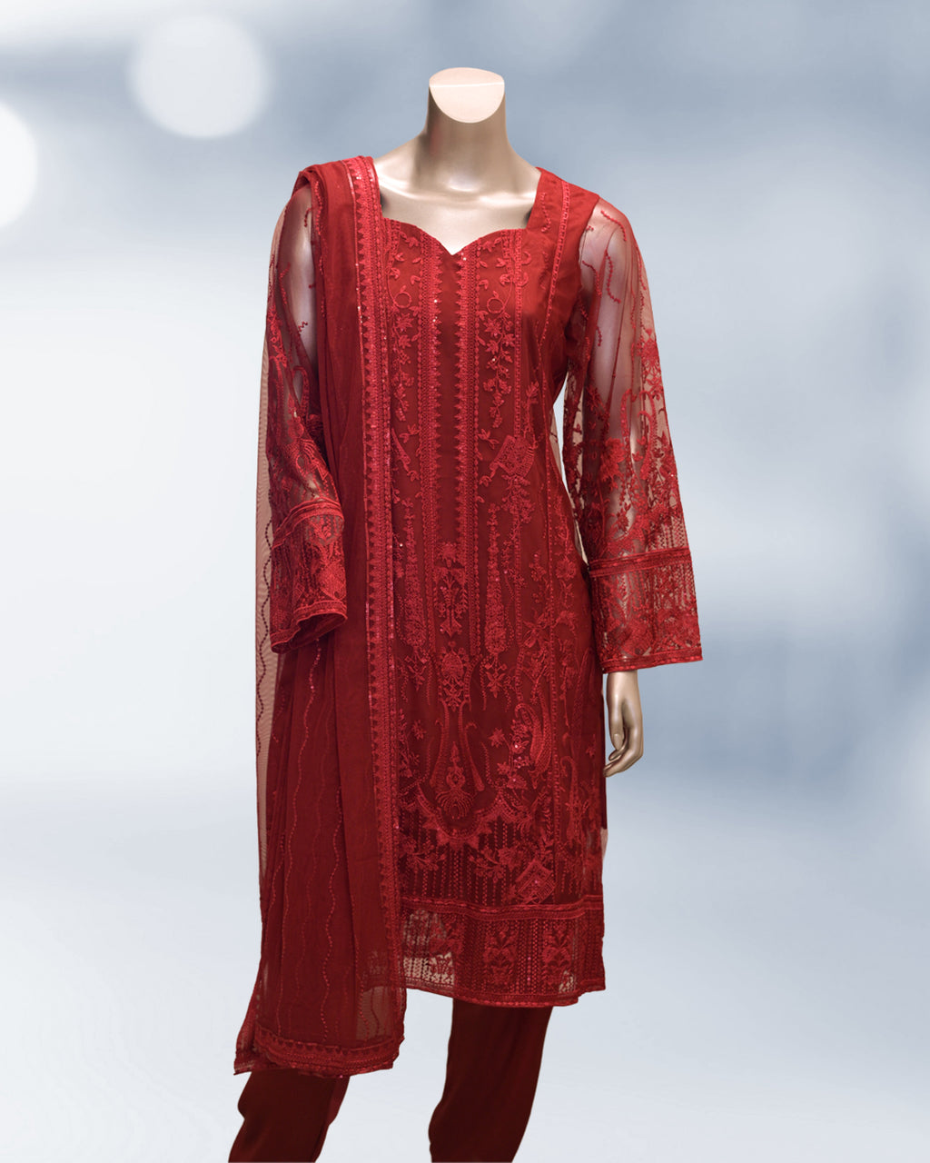 Luxury Red Embroidered Net 3-Piece Suit – Formal Pakistani Wear