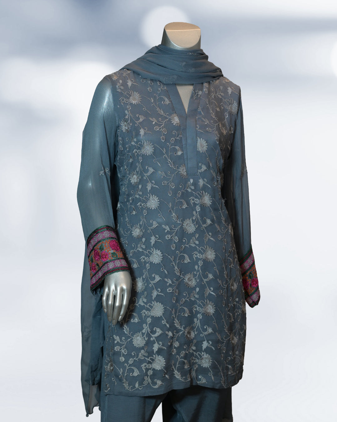 Grey embroidered chiffon 3-piece suit with pink embroidered cuffs, matching trousers, and chiffon dupatta – elegant Pakistani semi-formal outfit by N&S Threads