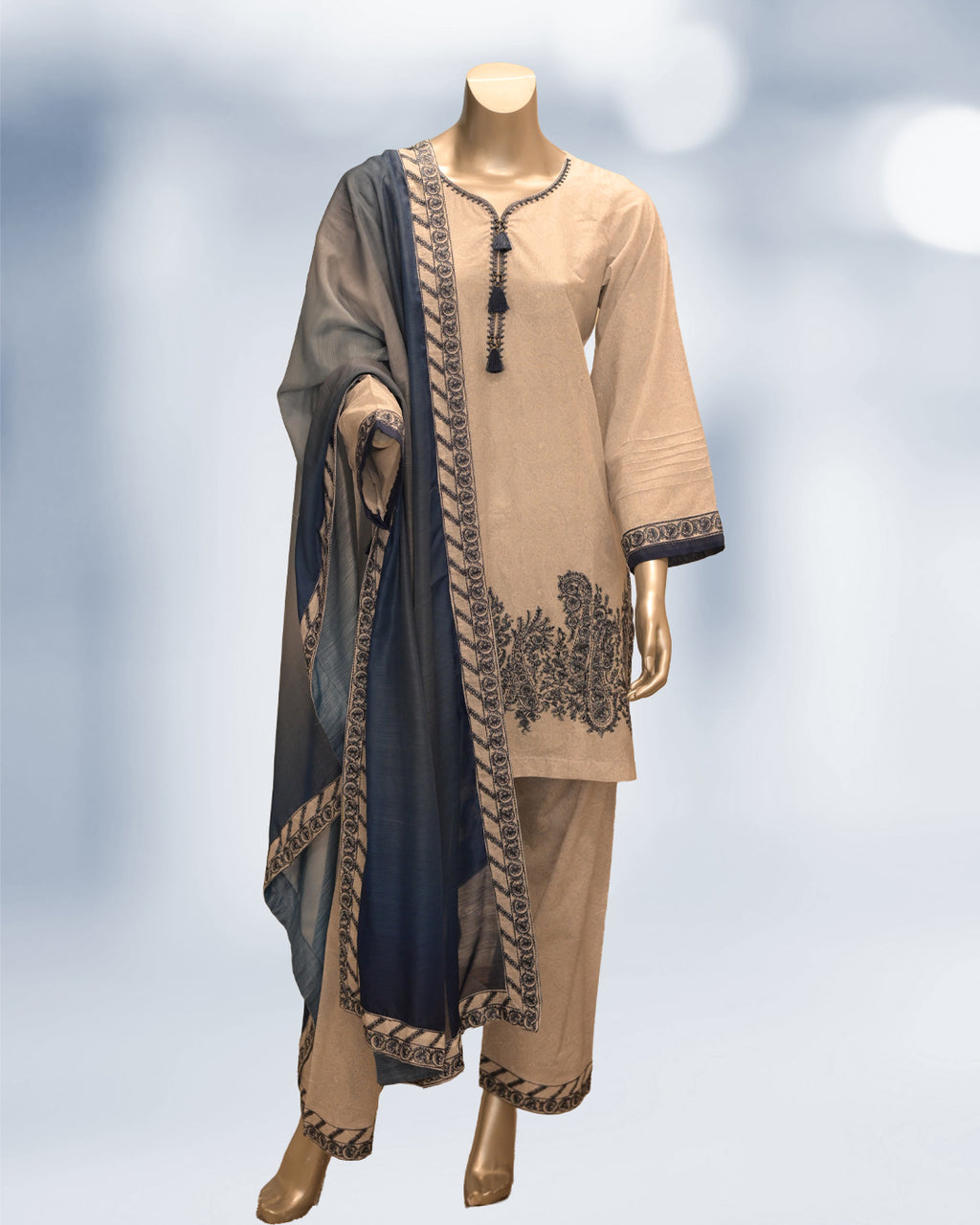 light grey and blue embroidered lawn 3-piece suit with cotton-silk dupatta – elegant summer Pakistani outfit by N&S Thread