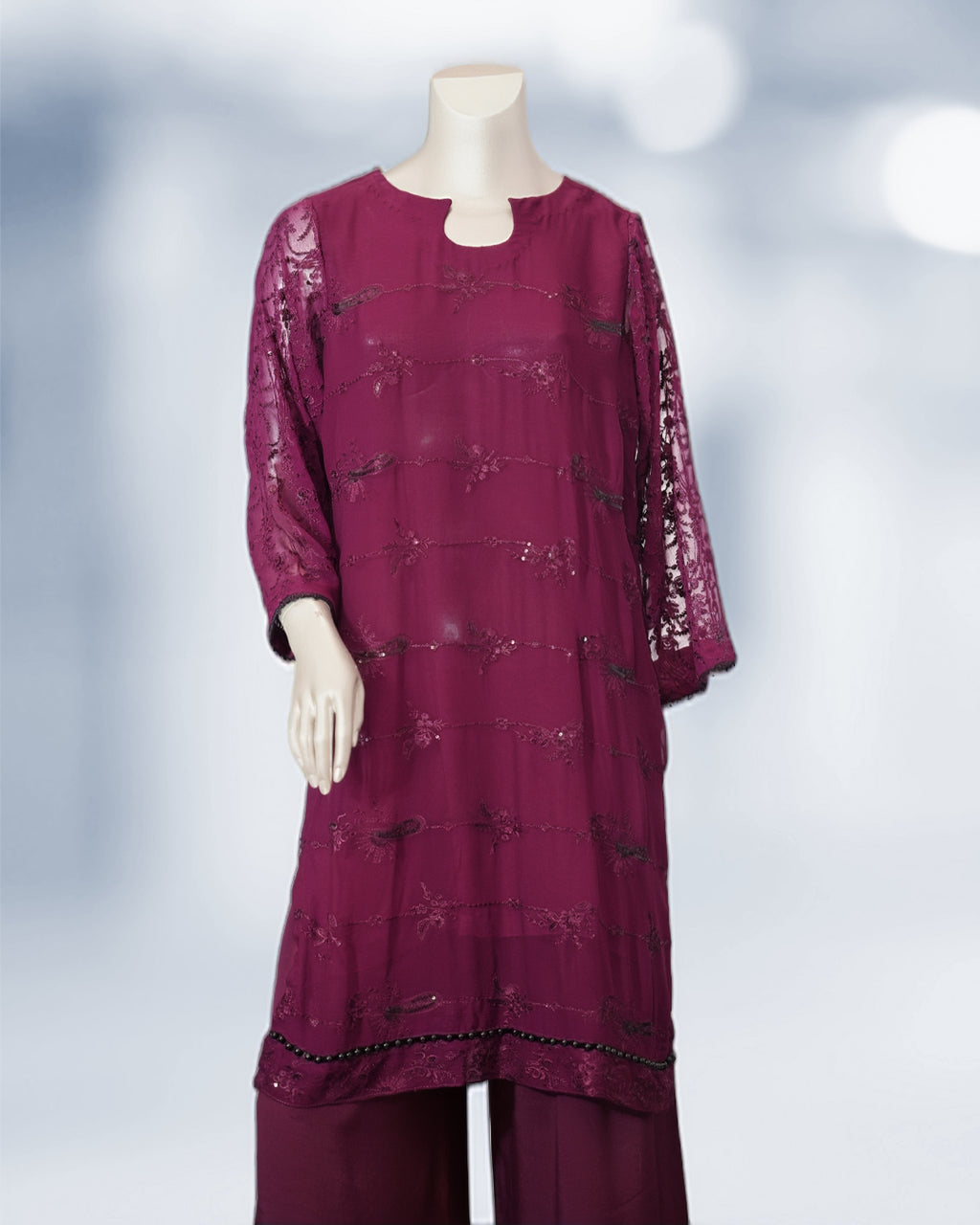 Deep plum embroidered chiffon 3-piece suit with sequin detailing, matching trousers, and chiffon dupatta – elegant festive Pakistani outfit by N&S Threads