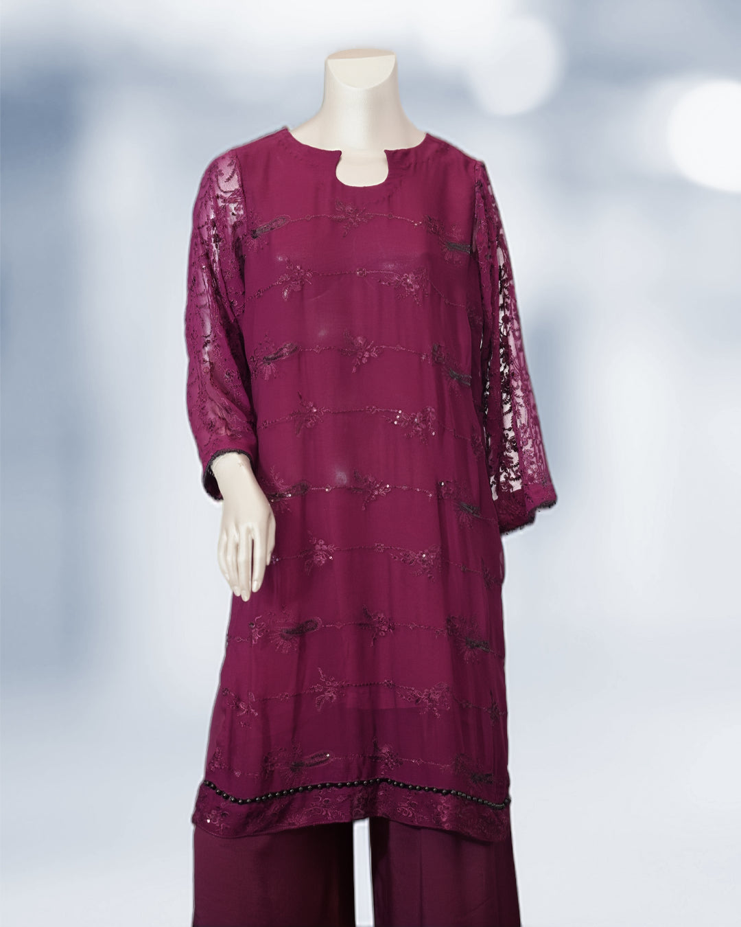 Deep plum embroidered chiffon 3-piece suit with sequin detailing, matching trousers, and chiffon dupatta – elegant festive Pakistani outfit by N&S Threads