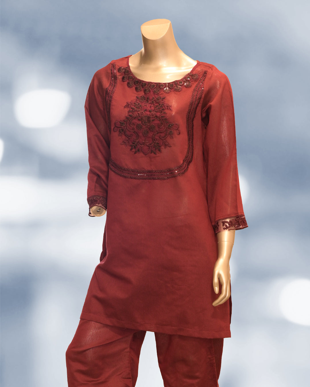 Deep maroon embroidered 2-piece suit with soft blended fabric and minimal embroidery on neckline and sleeves – elegant Pakistani outfit by N&S Threads