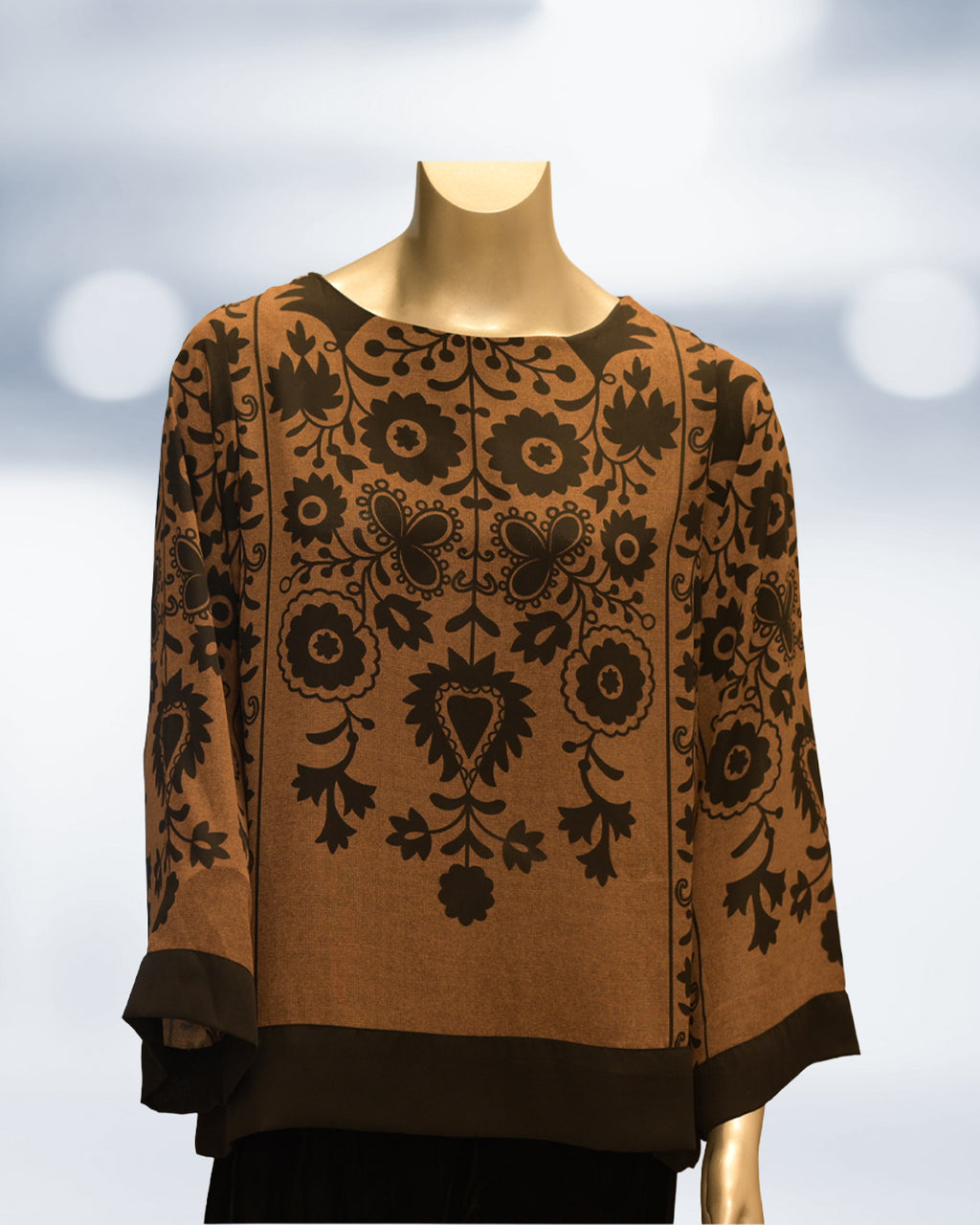 Brown and black printed grip shirt – 1-piece ready-to-wear top with detailed floral pattern by N&S Threads