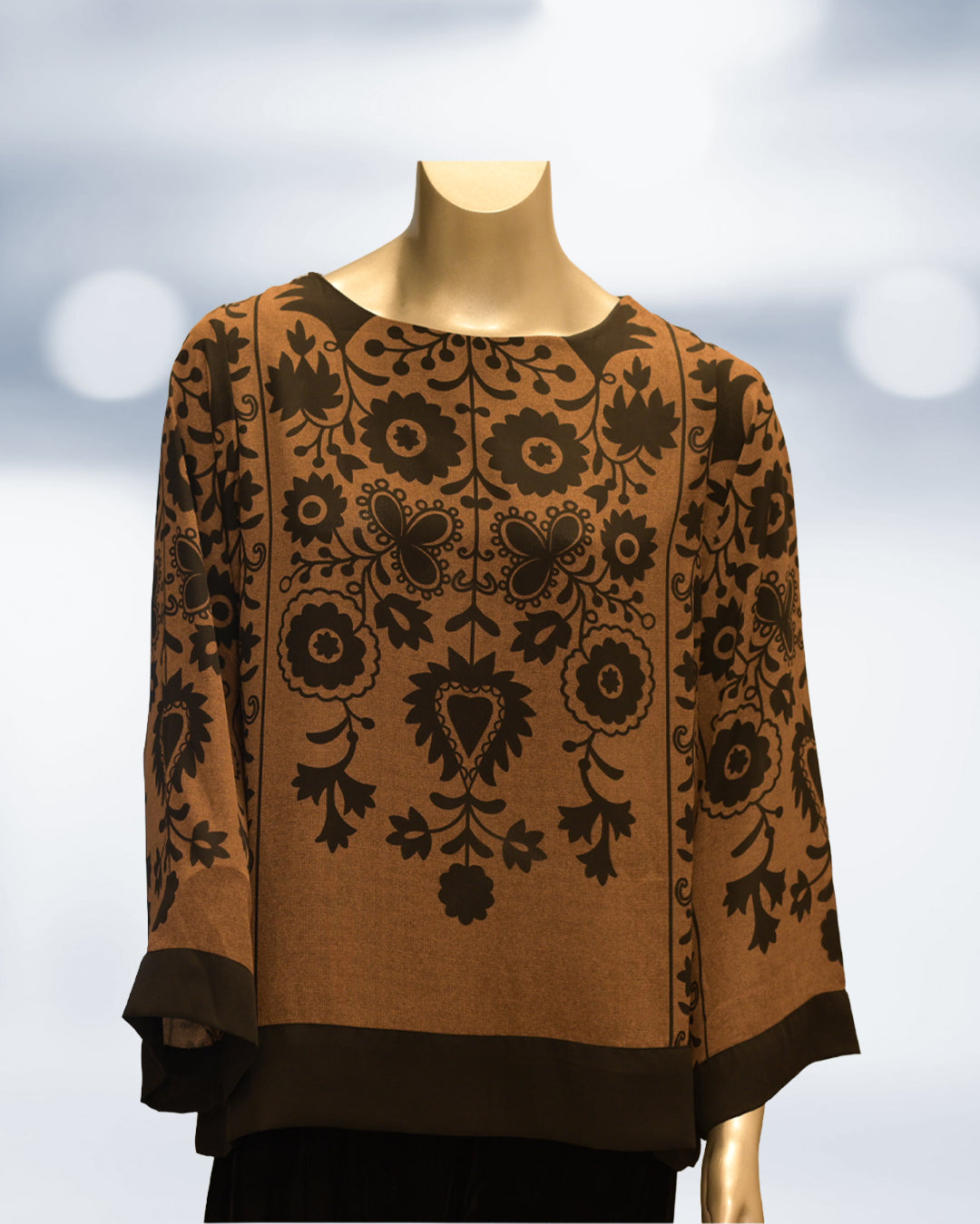 Brown and black printed grip shirt – 1-piece ready-to-wear top with detailed floral pattern by N&S Threads