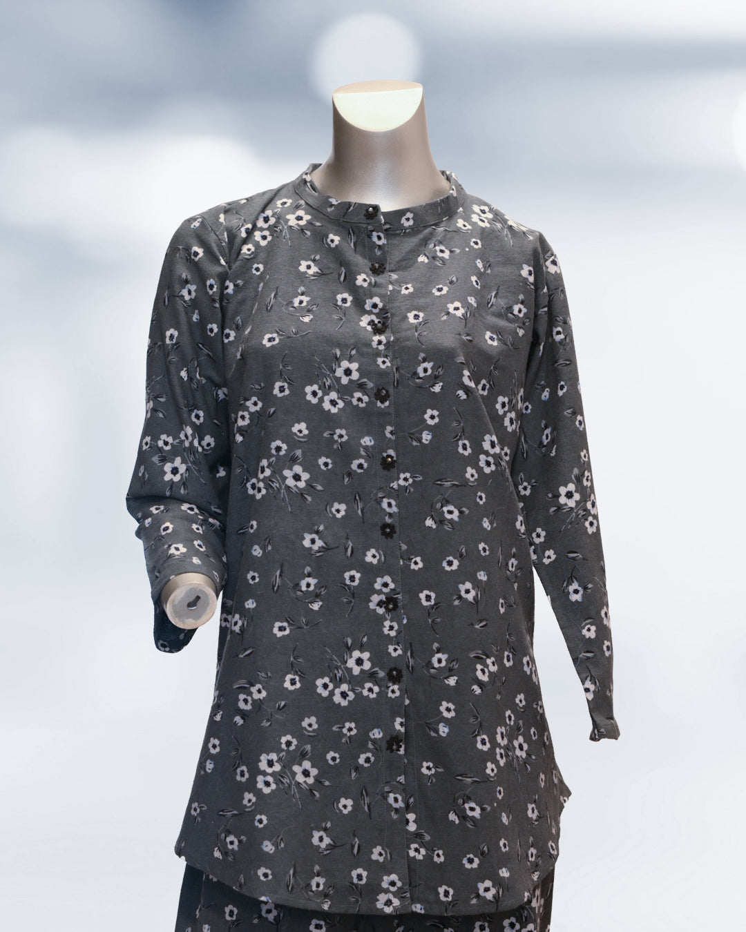 Grey printed khaddar 2-piece co-ord set with white floral pattern and matching trousers – soft winter Pakistani outfit by N&S Threads