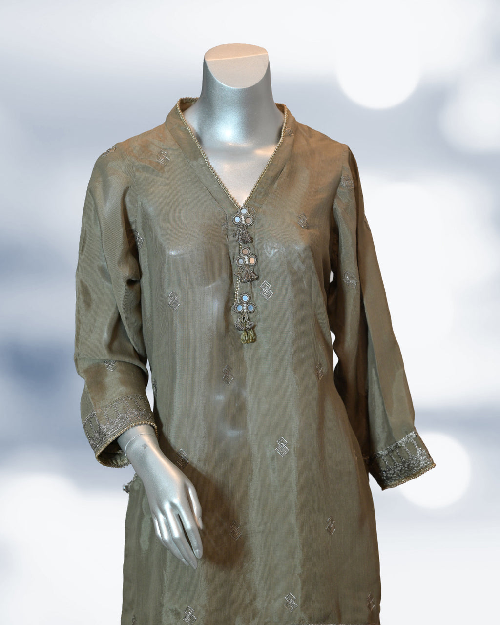 Olive embroidered 2-piece grip suit with tassel neckline and matching trousers – elegant semi-formal Pakistani outfit by N&S Threads