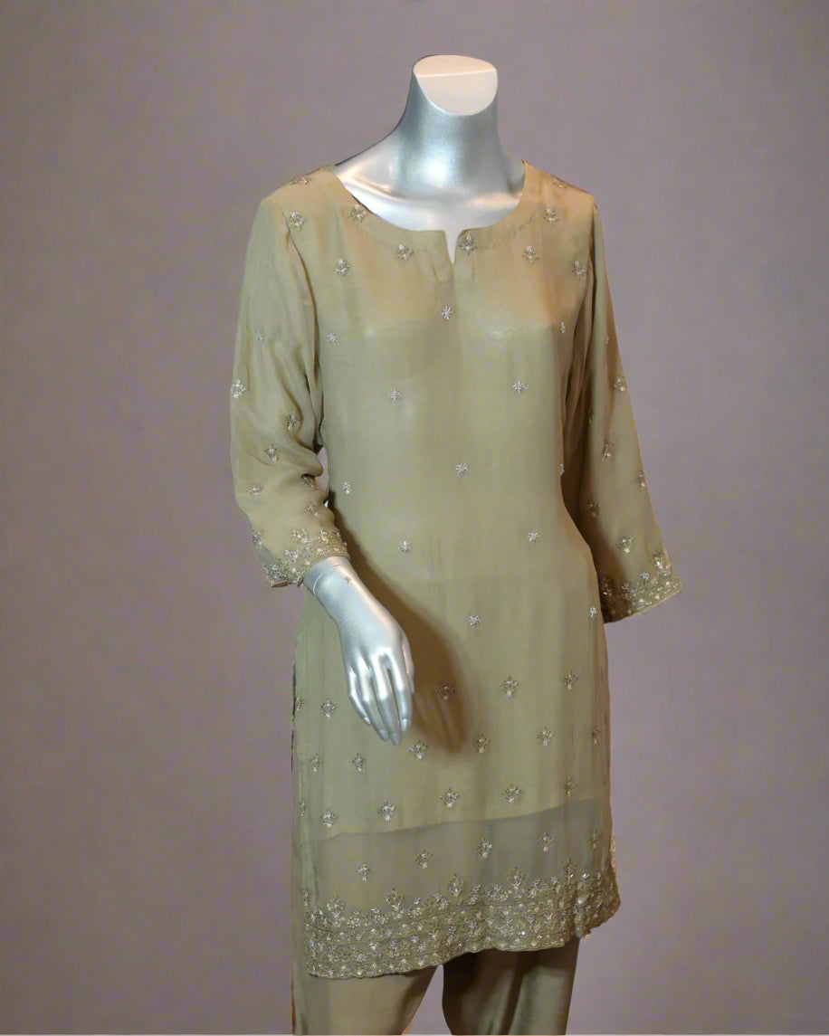 Champagne beige embroidered chiffon 3-piece suit with matching trousers and dupatta – elegant formal Pakistani outfit by N&S Threads