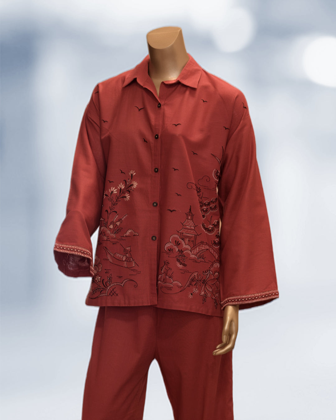 Rust embroidered khaddar 2-piece co-ord set with button-down shirt and matching trousers – elegant winter Pakistani outfit by N&S Threads