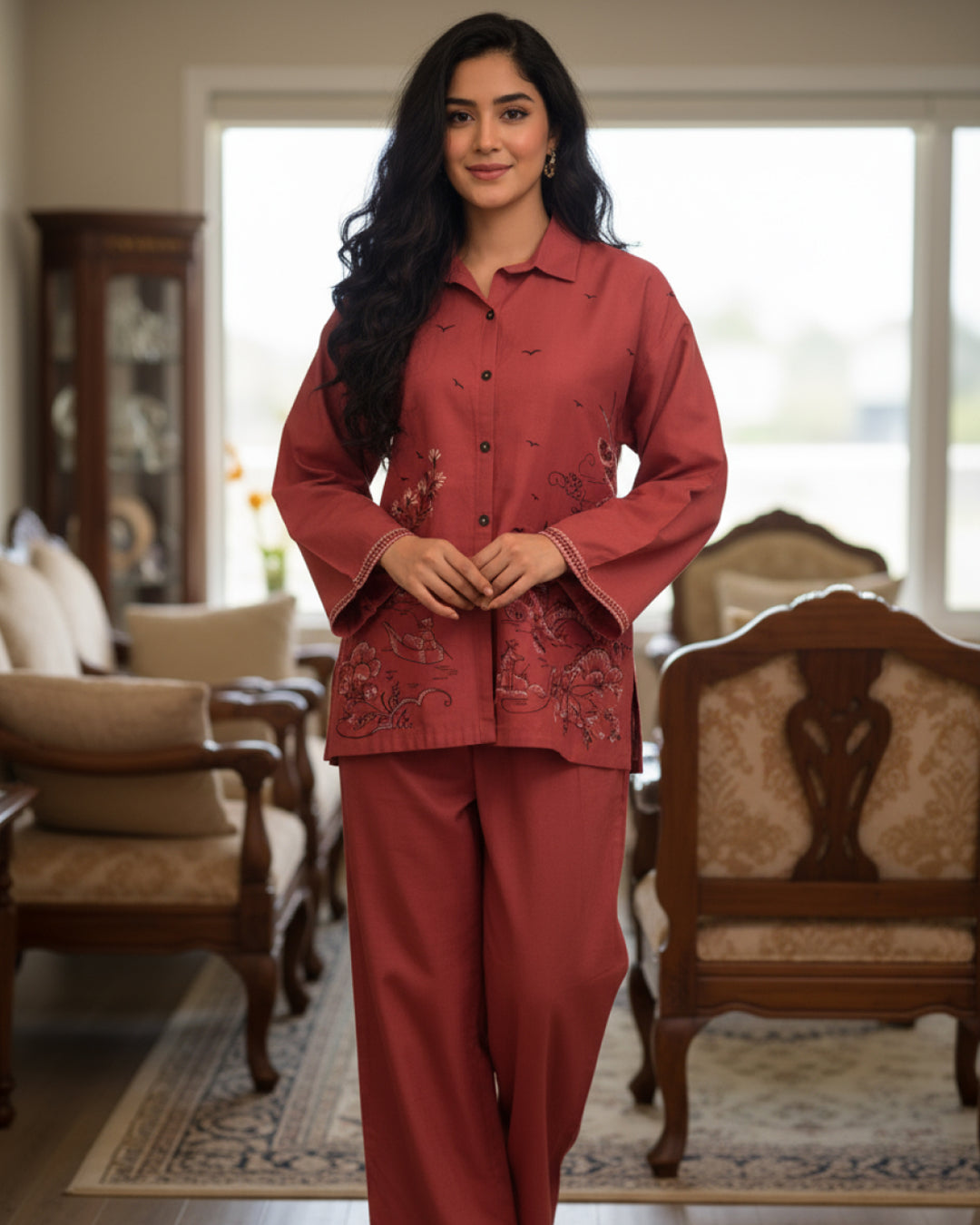 Rust embroidered khaddar 2-piece co-ord set with button-down shirt and matching trousers – elegant winter Pakistani outfit by N&S Threads