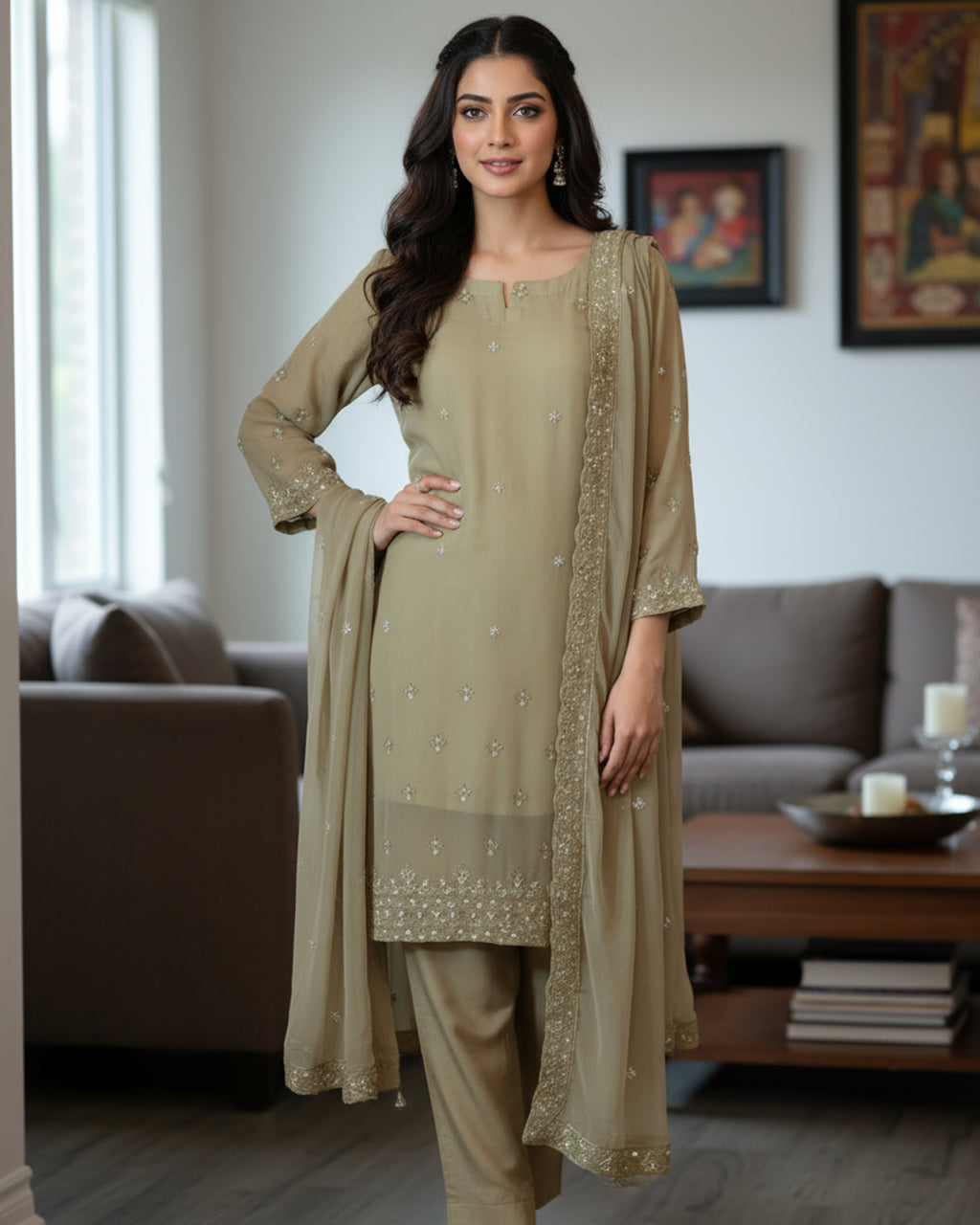 Champagne beige embroidered chiffon 3-piece suit with matching trousers and dupatta – elegant formal Pakistani outfit by N&S Threads