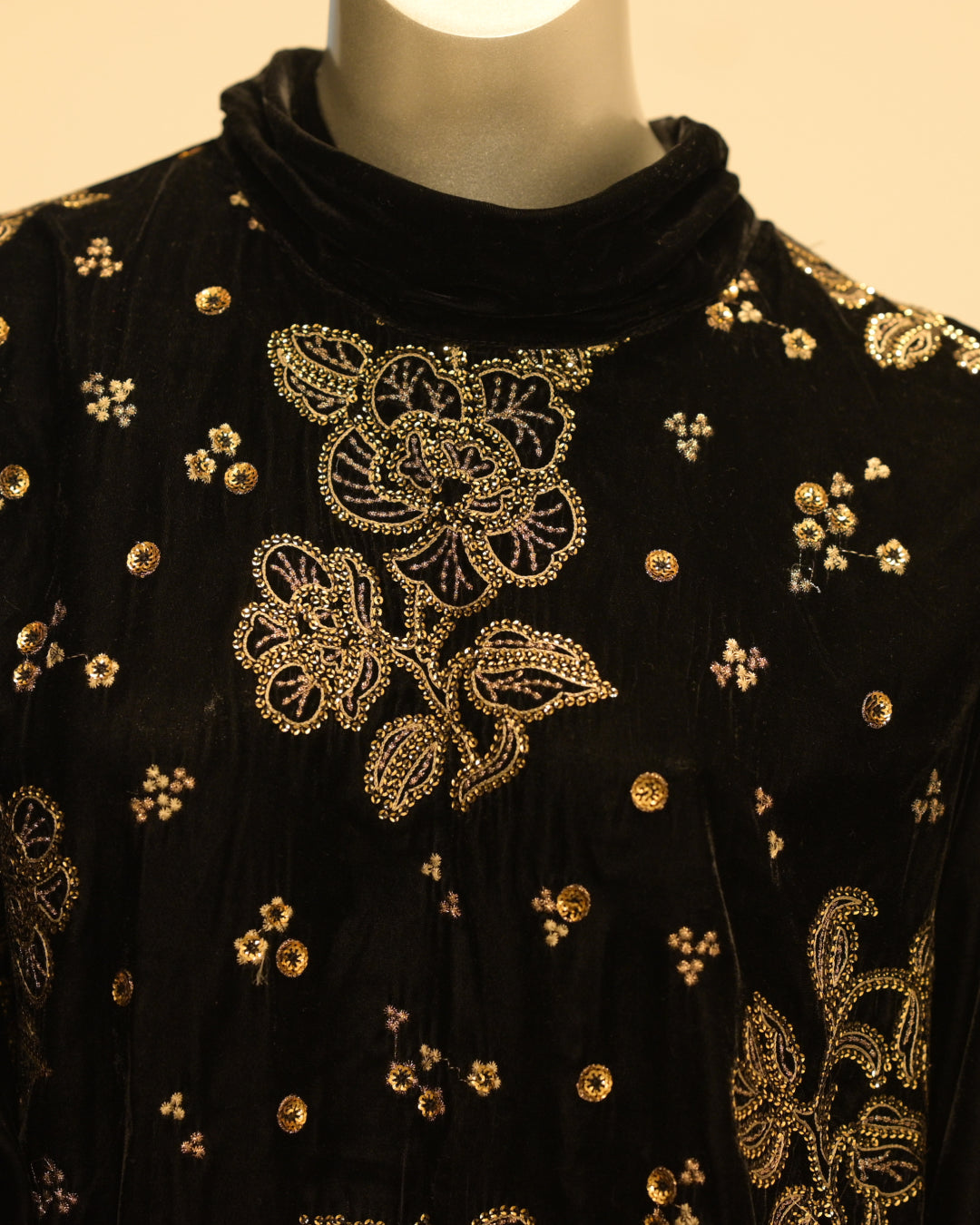 Black velvet 2-piece embroidered suit with gold detailing on shirt and sleeves – elegant winter formal Pakistani outfit by N&S Threads