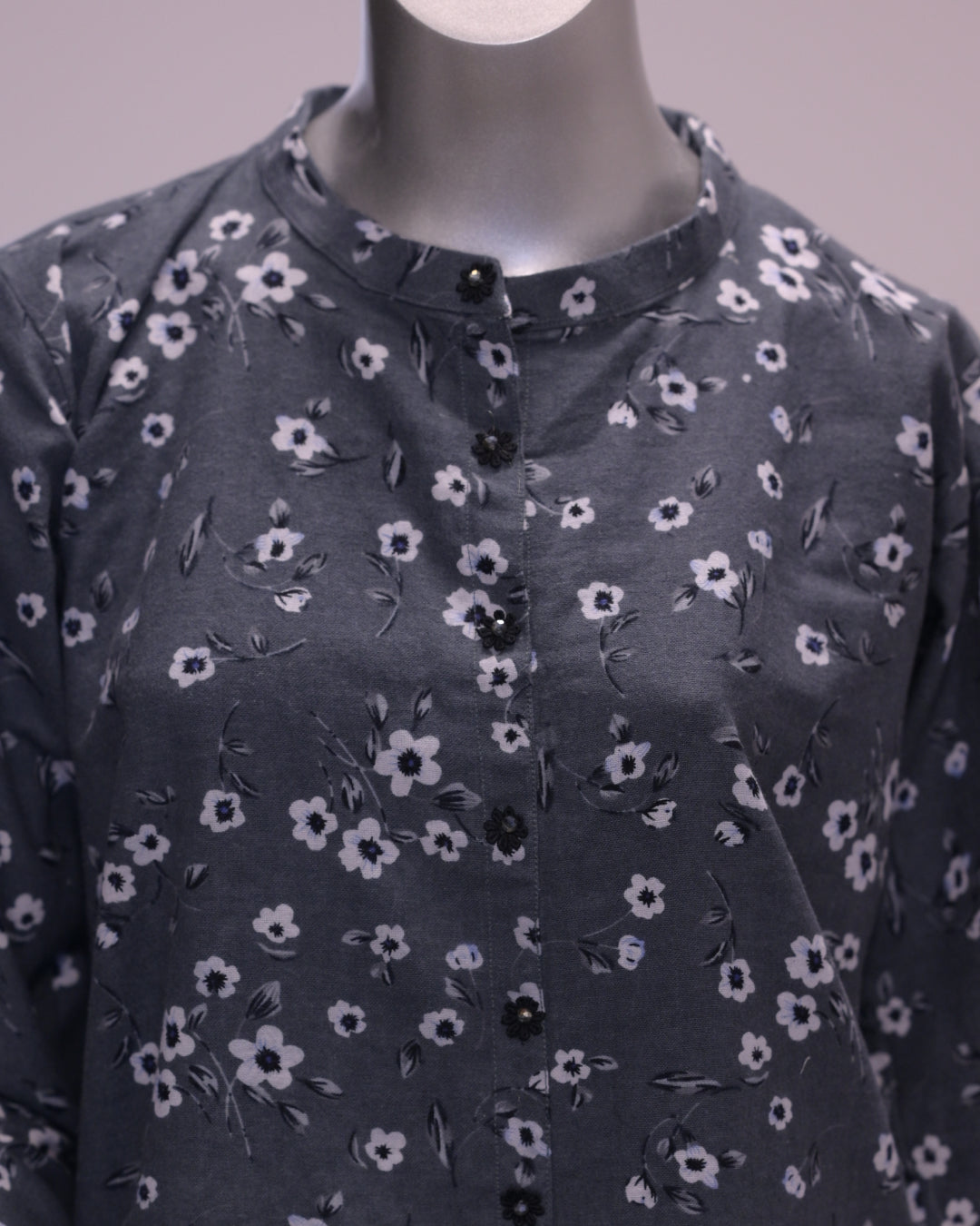 Grey printed khaddar 2-piece co-ord set with white floral pattern and matching trousers – soft winter Pakistani outfit by N&S Threads