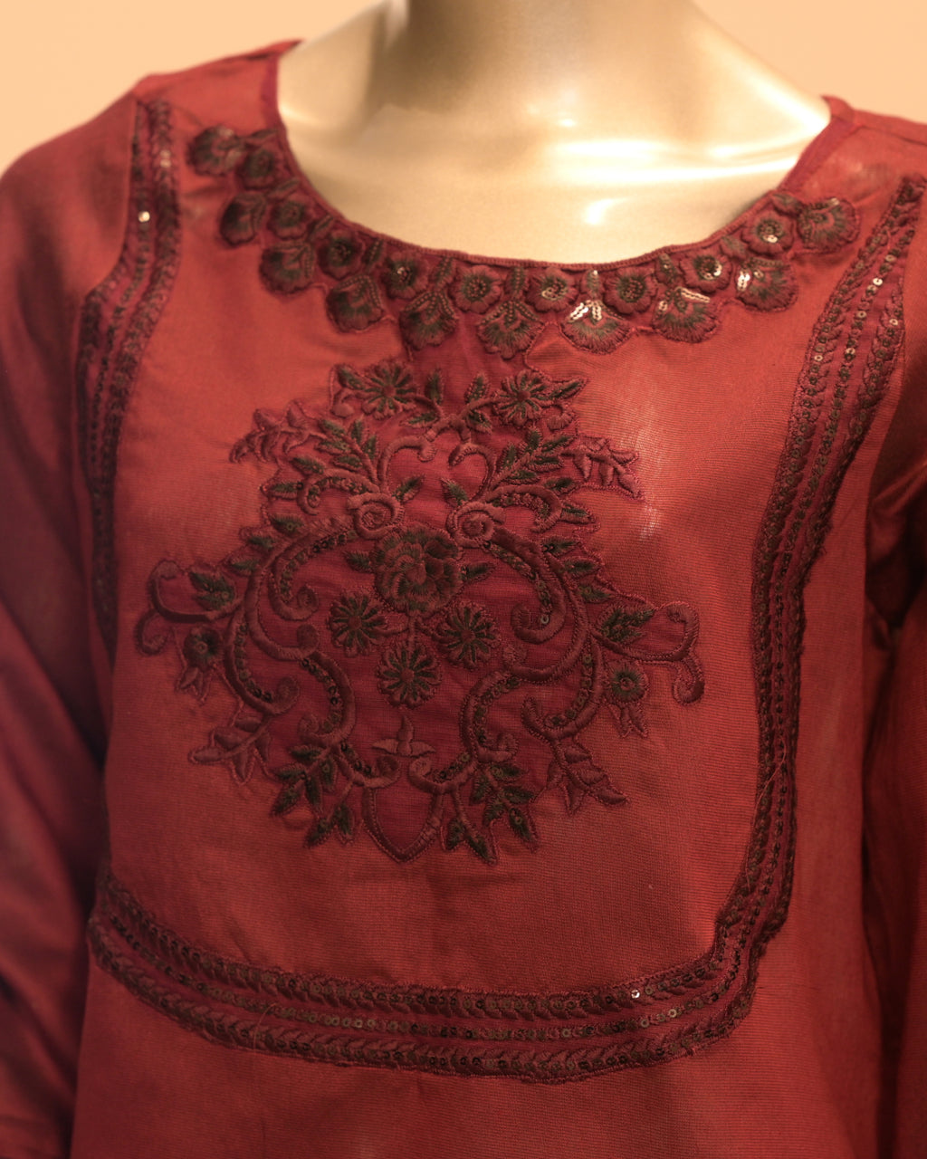 Deep maroon embroidered 2-piece suit with soft blended fabric and minimal embroidery on neckline and sleeves – elegant Pakistani outfit by N&S Threads