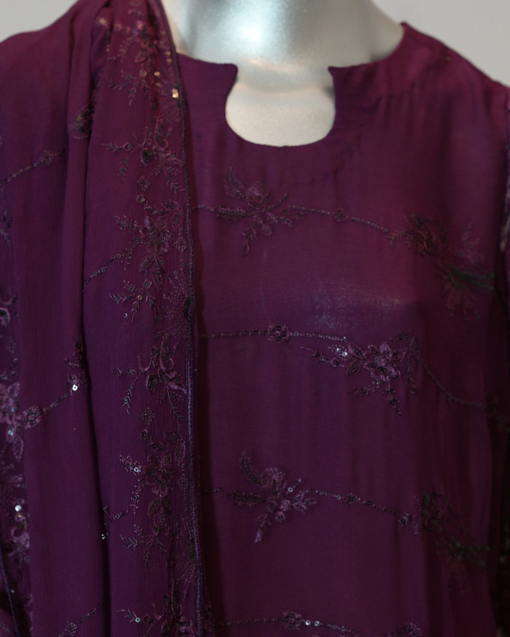Deep plum embroidered chiffon 3-piece suit with sequin detailing, matching trousers, and chiffon dupatta – elegant festive Pakistani outfit by N&S Threads