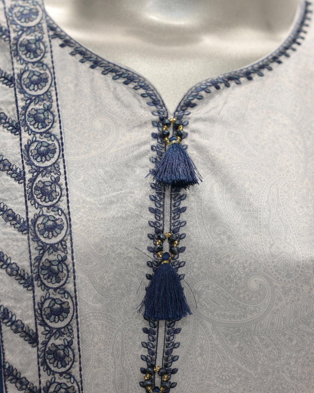 Light Grey & Blue Embroidered Lawn 3-Piece Suit with Cotton-Silk Dupatta