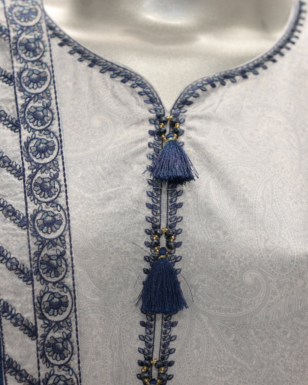 Light Grey & Blue Embroidered Lawn 3-Piece Suit with Cotton-Silk Dupatta