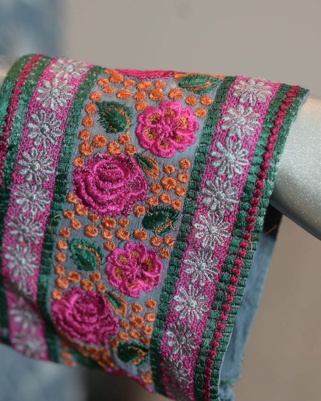 Grey embroidered chiffon 3-piece suit with pink embroidered cuffs, matching trousers, and chiffon dupatta – elegant Pakistani semi-formal outfit by N&S Threads