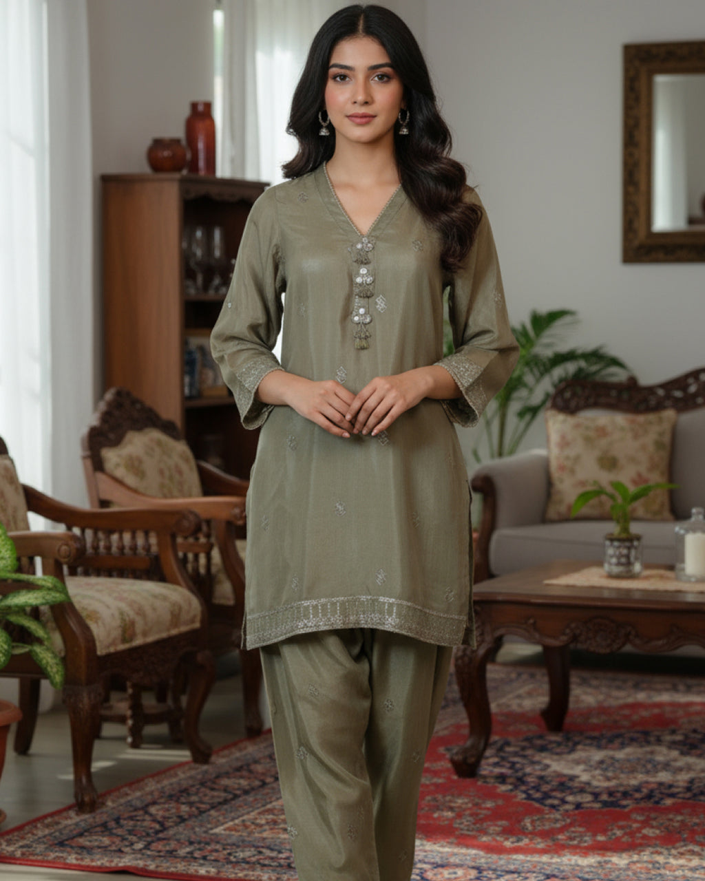 Olive embroidered 2-piece grip suit with tassel neckline and matching trousers – elegant semi-formal Pakistani outfit by N&S Threads
