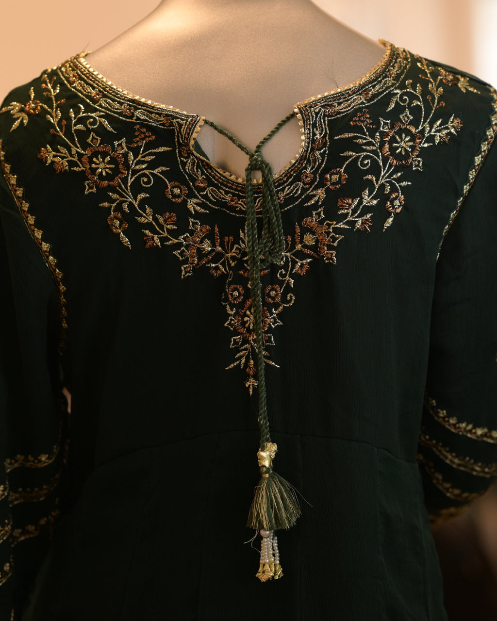 Elegant 3-Piece Embroidered Chiffon Frock Set – Emerald Green