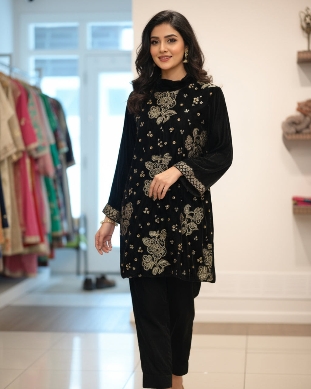 Black velvet 2-piece embroidered suit with gold detailing on shirt and sleeves – elegant winter formal Pakistani outfit by N&S Threads