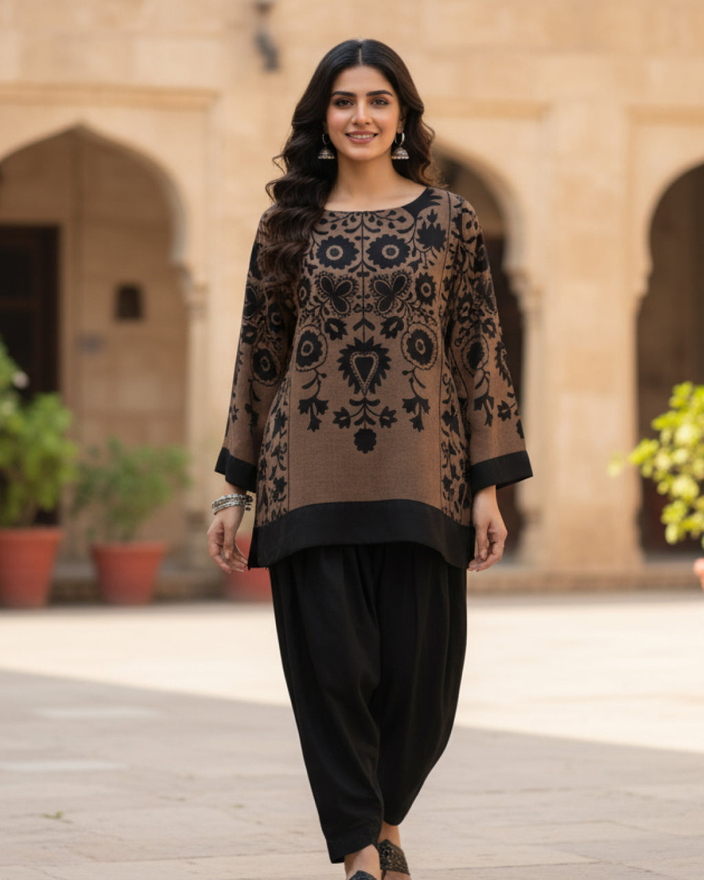 Brown and black printed grip shirt – 1-piece ready-to-wear top with detailed floral pattern by N&S Threads