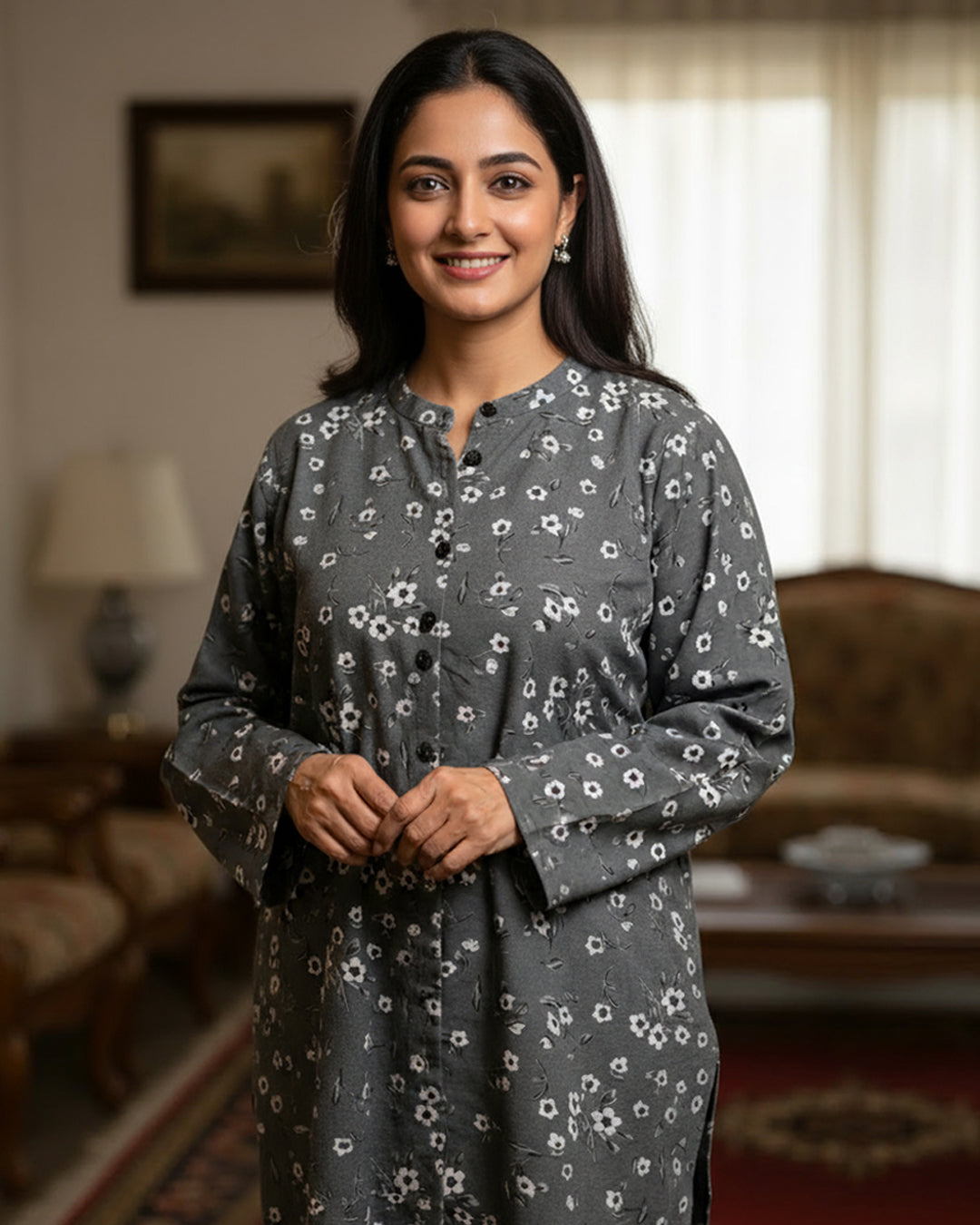 Grey printed khaddar 2-piece co-ord set with white floral pattern and matching trousers – soft winter Pakistani outfit by N&S Threads