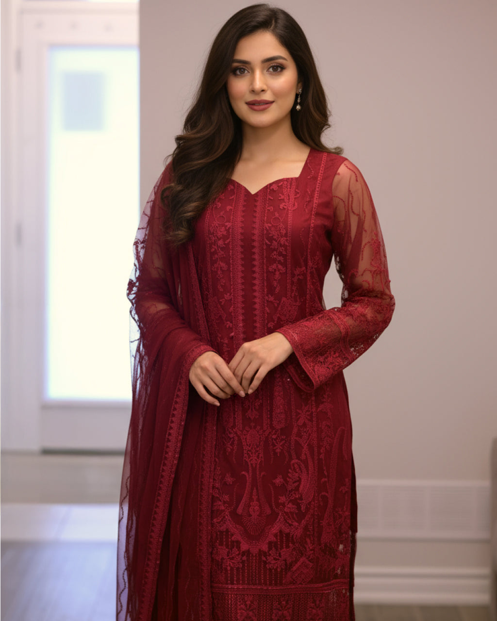 “Luxury red Pakistani embroidered suit – formal women’s 3-piece outfit
