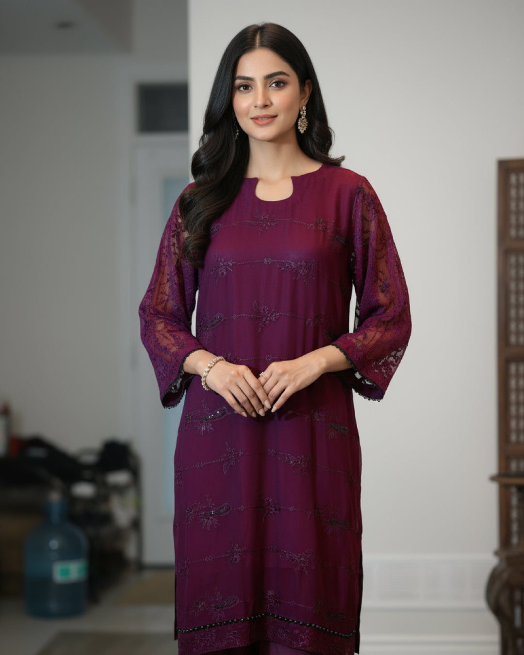 Deep plum embroidered chiffon 3-piece suit with sequin detailing, matching trousers, and chiffon dupatta – elegant festive Pakistani outfit by N&S Threads